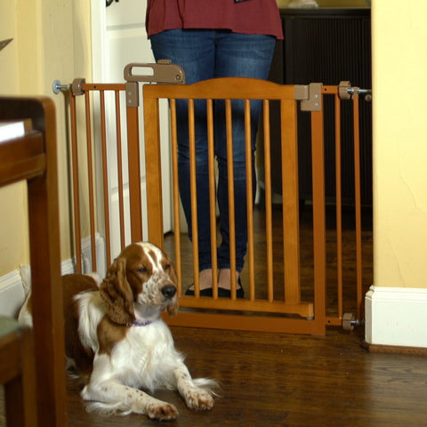 One-Touch Gate II in Brown, easy-to-install, secure pet gate for doorways and hallways, safe for pets and toddlers