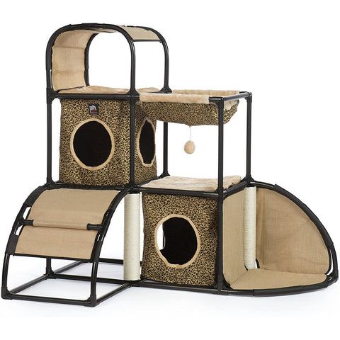 Prevue Pet Products Catville Townhome with Leopard Print, stylish multi-level cat condo for climbing and resting