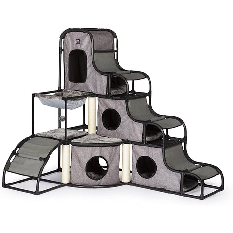 Prevue Pet Products Catville Tower - Gray Print, multi-level cat tower with scratching posts, hideouts, and lounging spaces